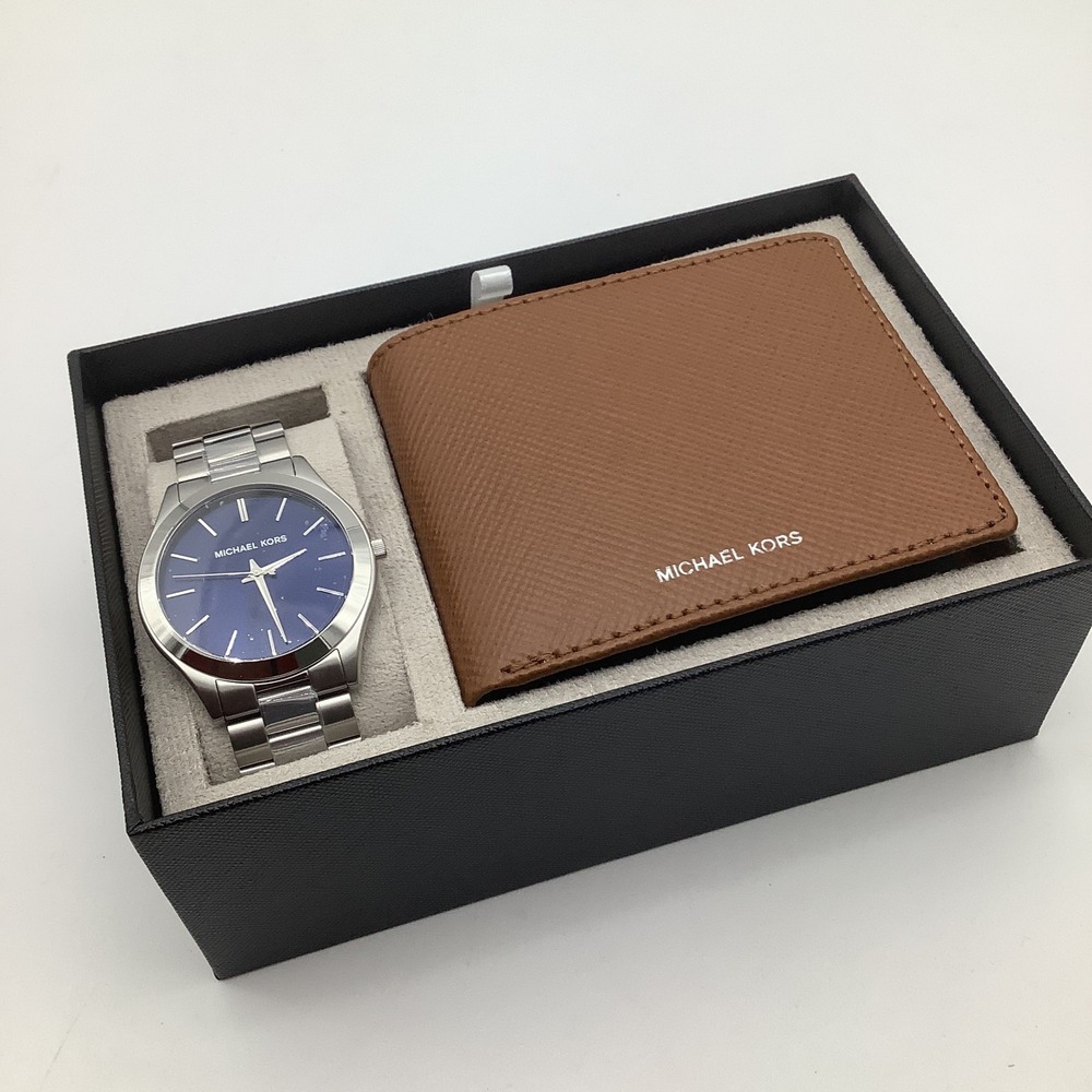 Michael Kors Mens Watch and Wallet Gift Set Silver Blue Dial Stainless Steel New